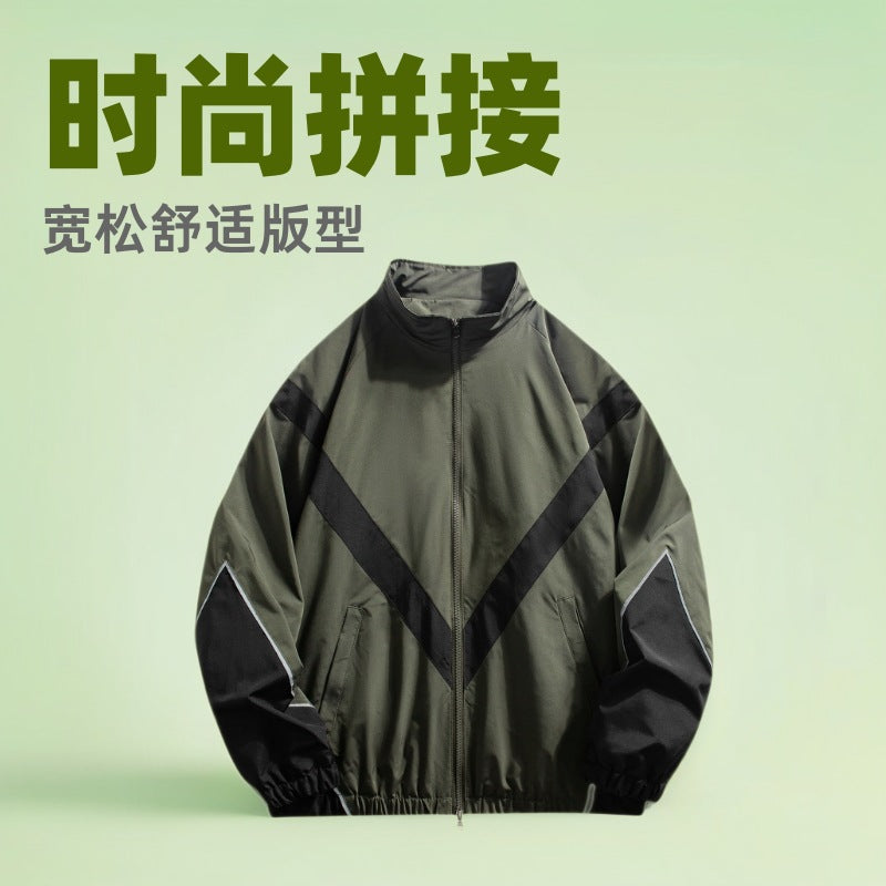 Veste homme style streetwear à col montant – empiècements réfléchissants, coupe ample, printemps-automne