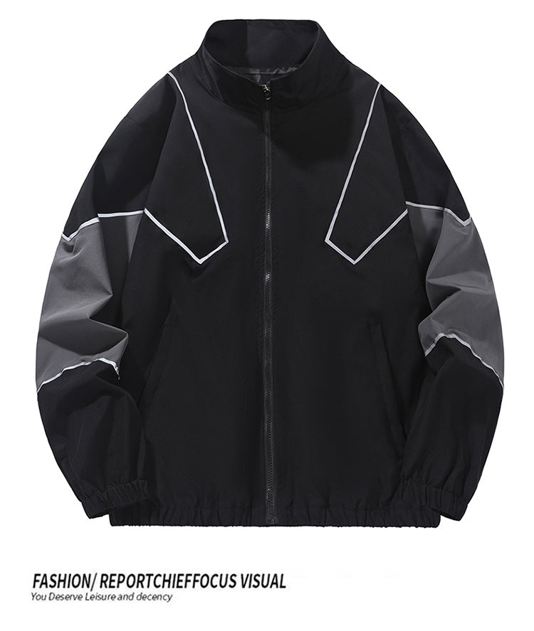 Veste homme style streetwear à col montant – empiècements réfléchissants, coupe ample, printemps-automne