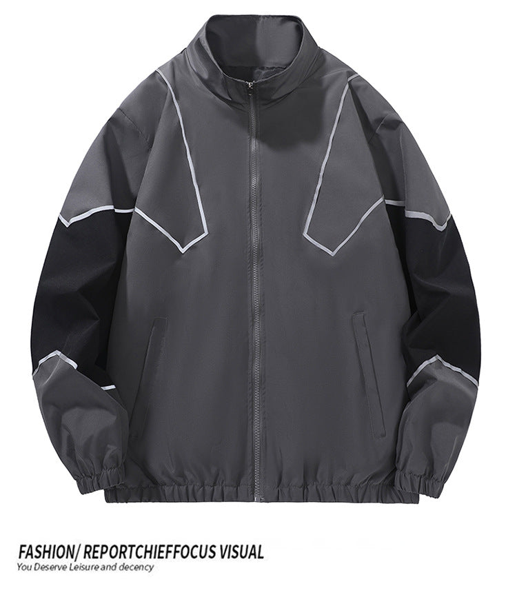 Veste homme style streetwear à col montant – empiècements réfléchissants, coupe ample, printemps-automne