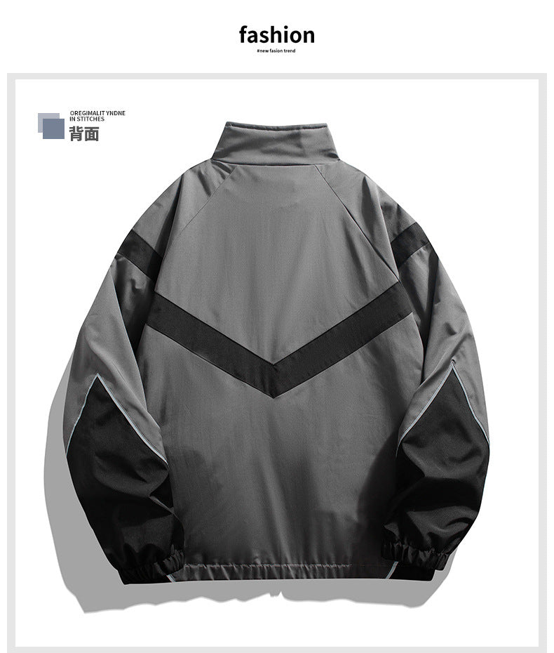 Veste homme style streetwear à col montant – empiècements réfléchissants, coupe ample, printemps-automne