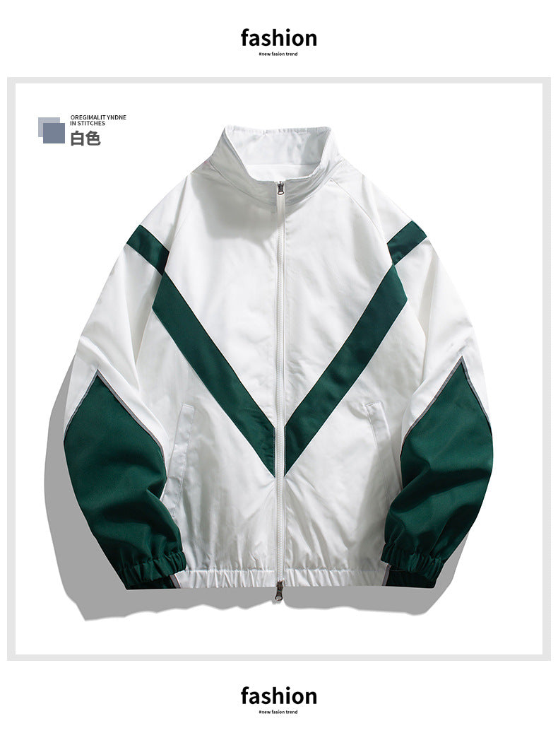 Veste homme style streetwear à col montant – empiècements réfléchissants, coupe ample, printemps-automne