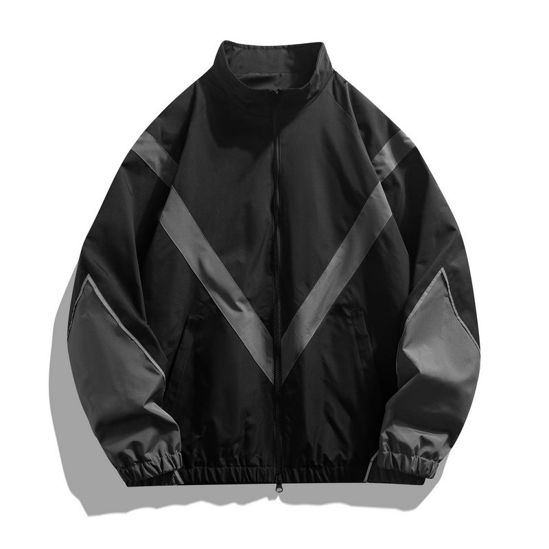 Veste homme style streetwear à col montant – empiècements réfléchissants, coupe ample, printemps-automne