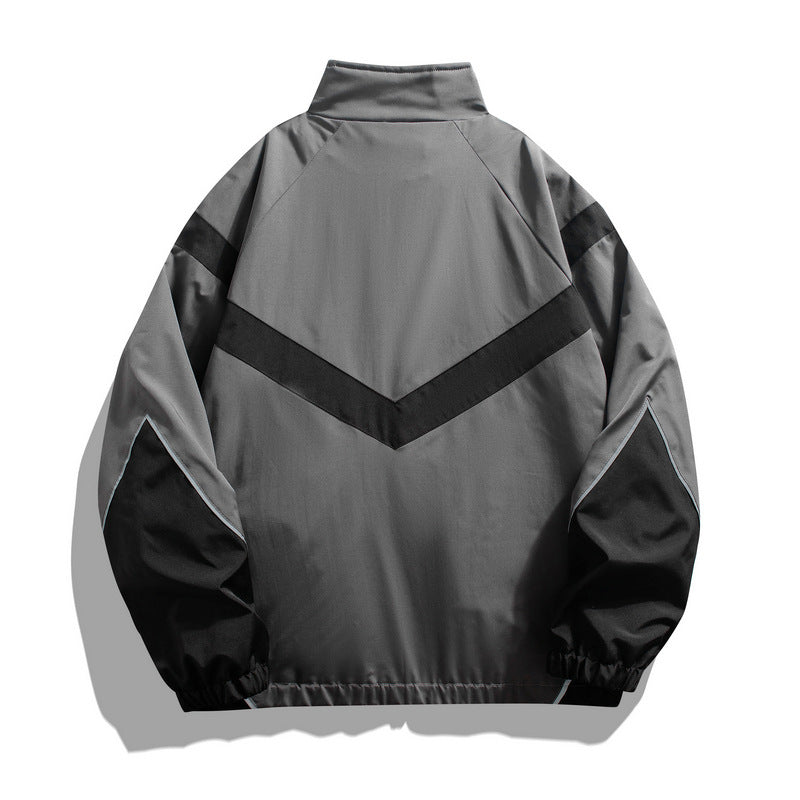 Veste homme style streetwear à col montant – empiècements réfléchissants, coupe ample, printemps-automne