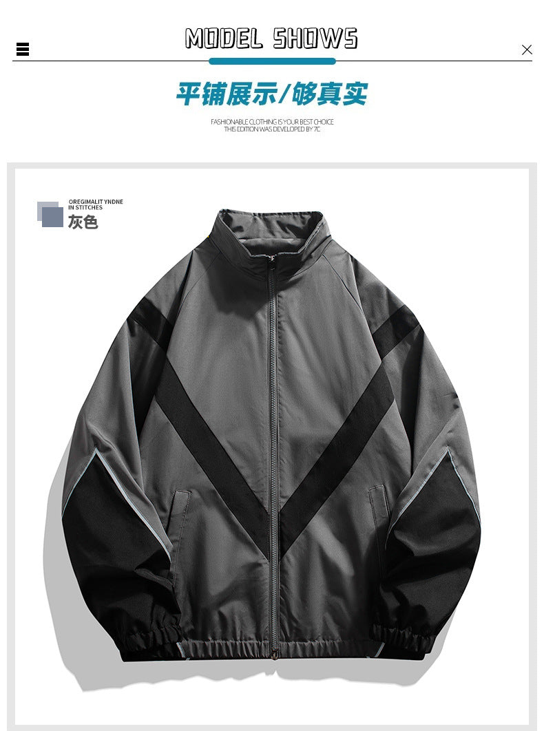 Veste homme style streetwear à col montant – empiècements réfléchissants, coupe ample, printemps-automne
