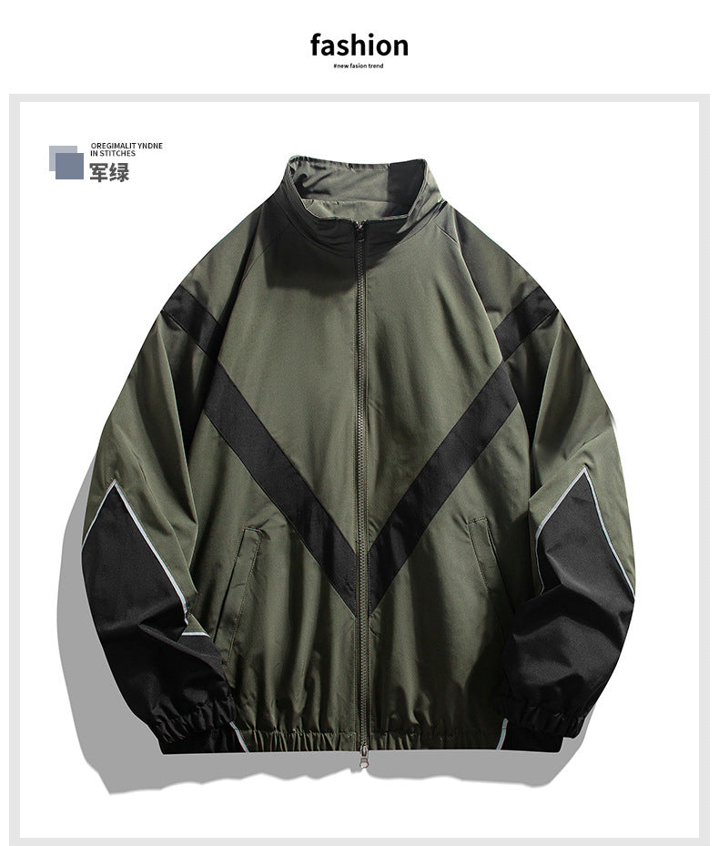 Veste homme style streetwear à col montant – empiècements réfléchissants, coupe ample, printemps-automne