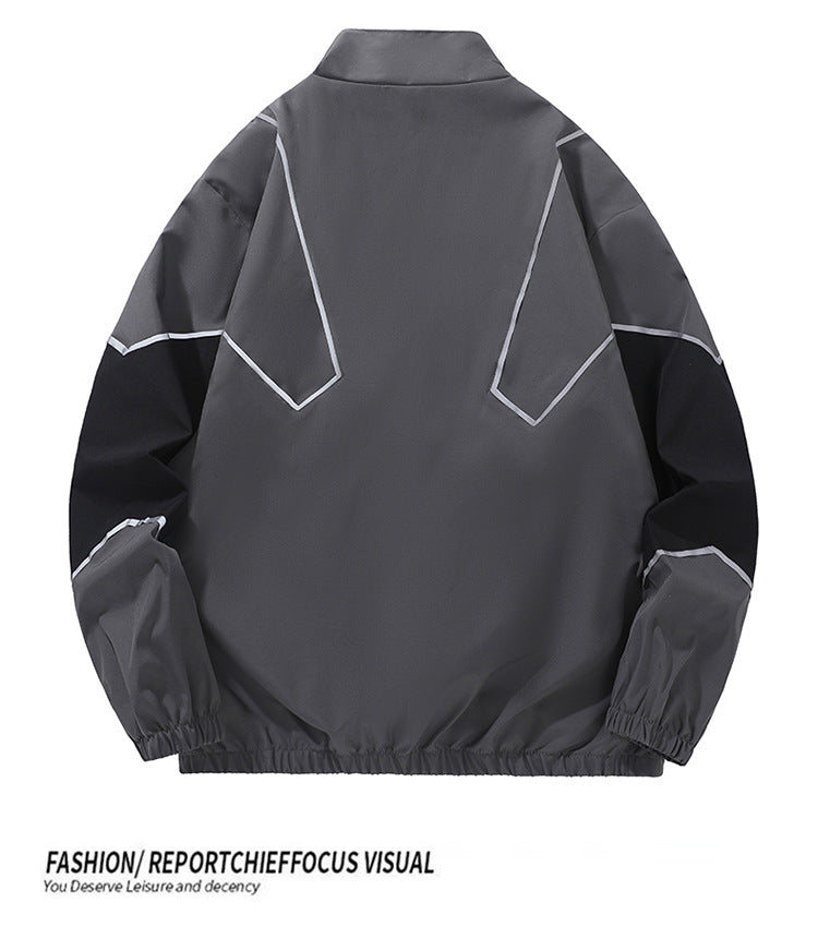 Veste homme style streetwear à col montant – empiècements réfléchissants, coupe ample, printemps-automne