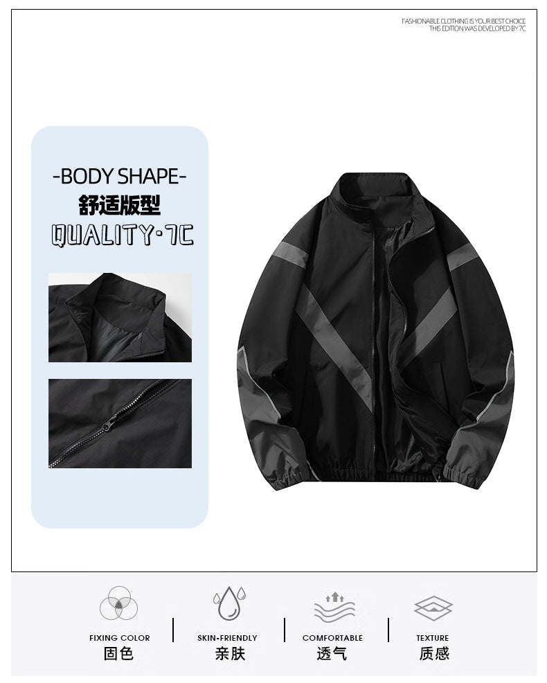 Veste homme style streetwear à col montant – empiècements réfléchissants, coupe ample, printemps-automne