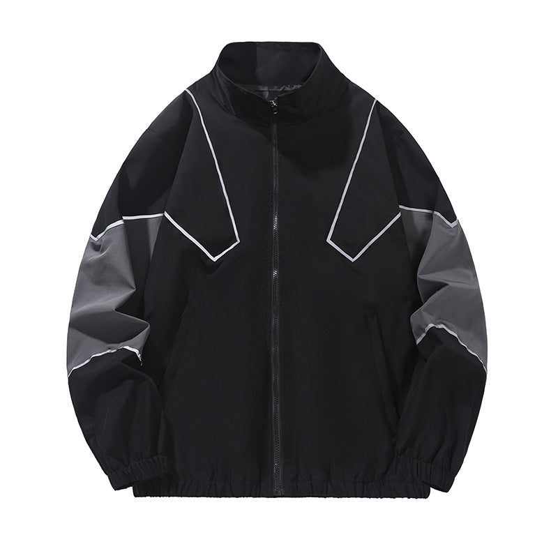 Veste homme style streetwear à col montant – empiècements réfléchissants, coupe ample, printemps-automne