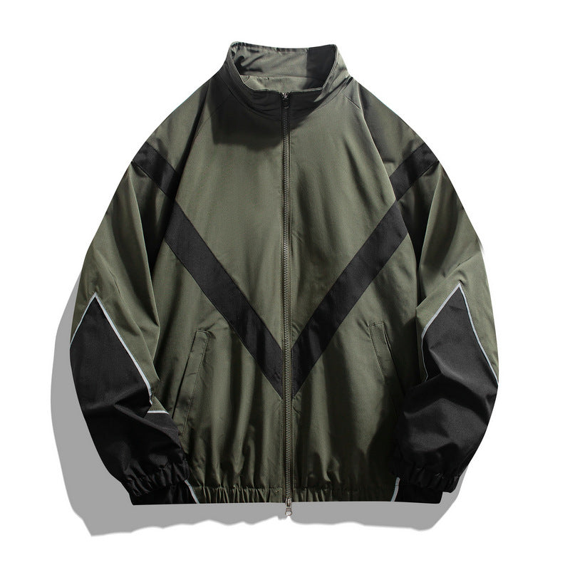 Veste homme style streetwear à col montant – empiècements réfléchissants, coupe ample, printemps-automne