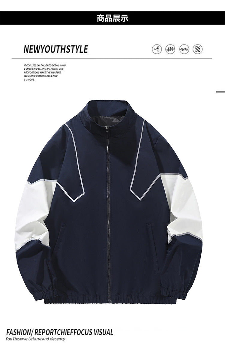 Veste homme style streetwear à col montant – empiècements réfléchissants, coupe ample, printemps-automne
