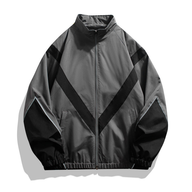 Veste homme style streetwear à col montant – empiècements réfléchissants, coupe ample, printemps-automne