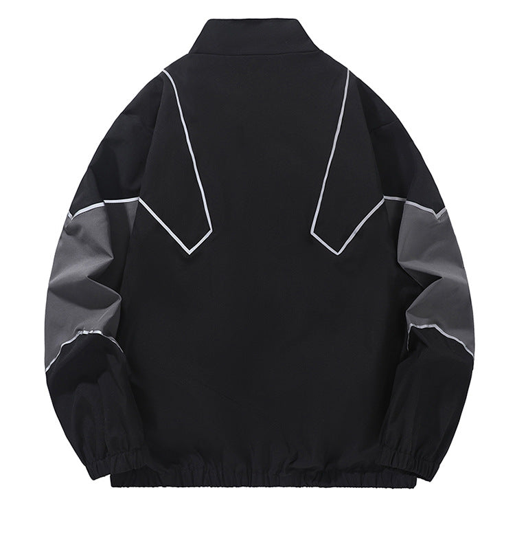Veste homme style streetwear à col montant – empiècements réfléchissants, coupe ample, printemps-automne