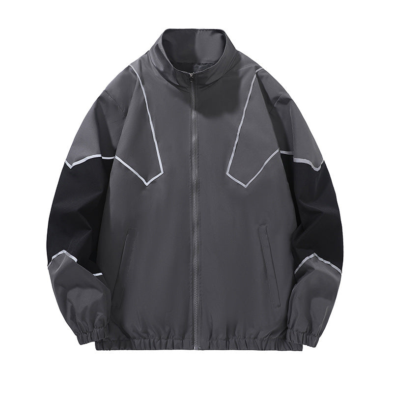 Veste homme style streetwear à col montant – empiècements réfléchissants, coupe ample, printemps-automne