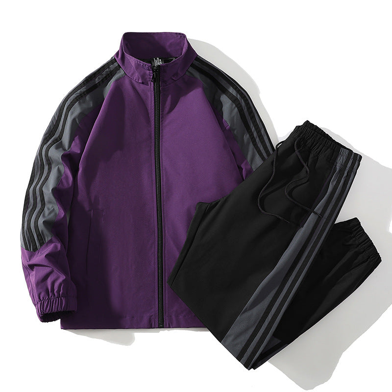 Ensemble de sport homme deux pièces – veste col montant à trois bandes, style couple, printemps-automne