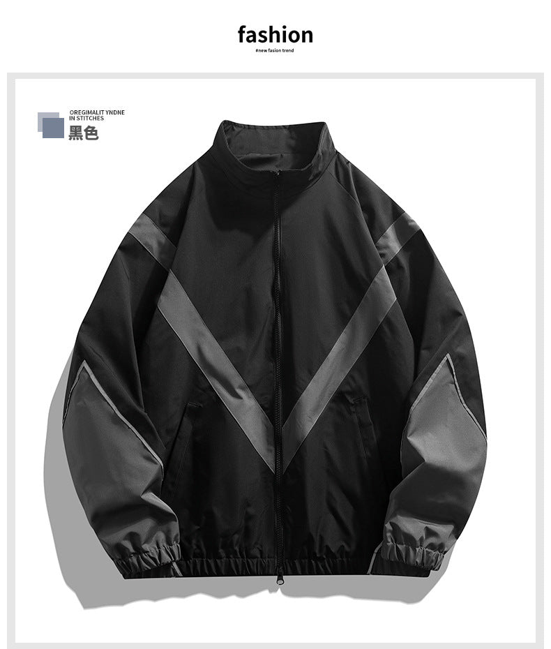 Veste homme style streetwear à col montant – empiècements réfléchissants, coupe ample, printemps-automne