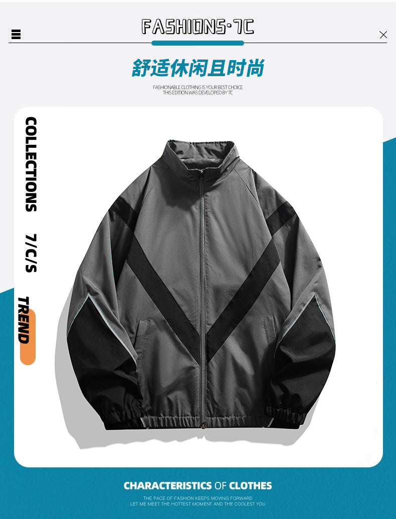 Veste homme style streetwear à col montant – empiècements réfléchissants, coupe ample, printemps-automne