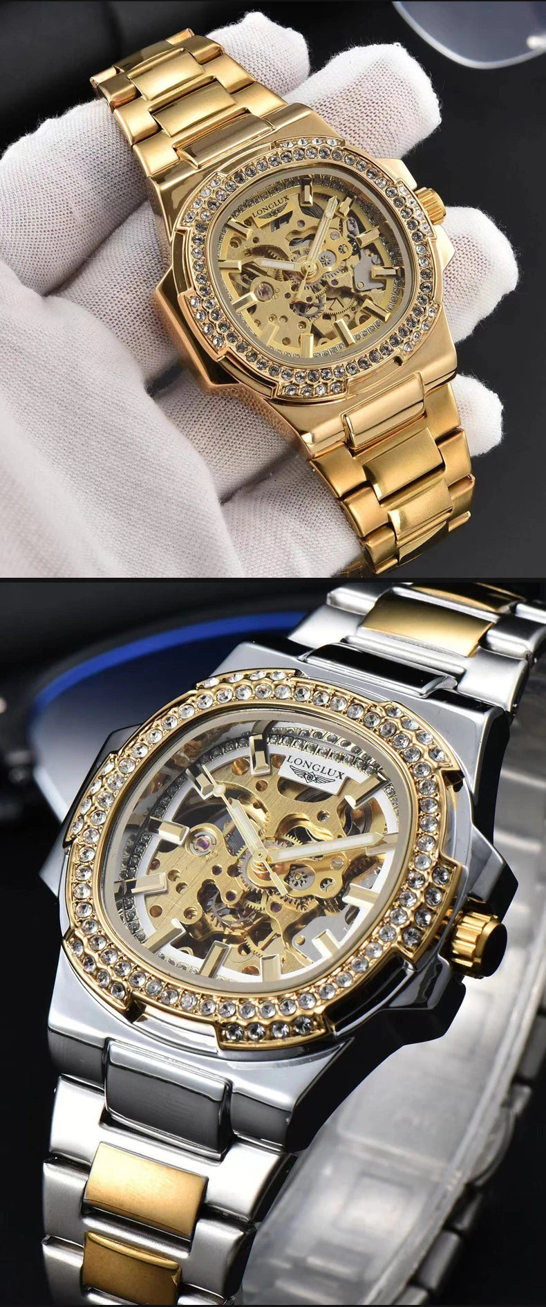 Montre automatique homme LONGLUX – Acier inoxydable, mécanique squelette, étanche, style luxe