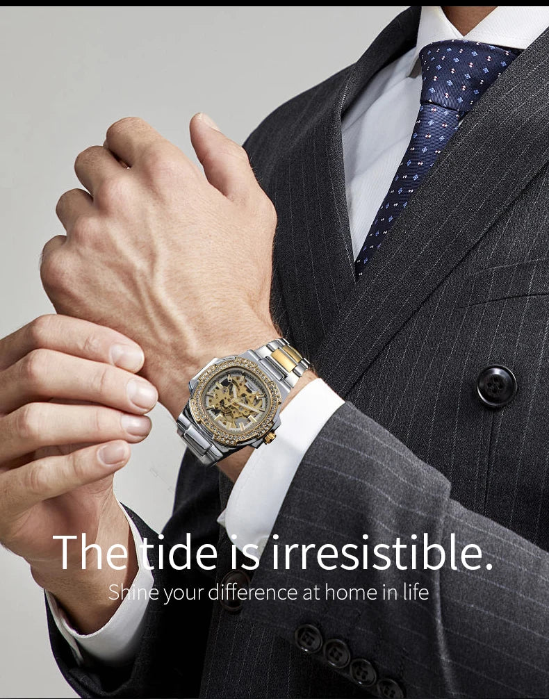 Montre automatique homme LONGLUX – Acier inoxydable, mécanique squelette, étanche, style luxe