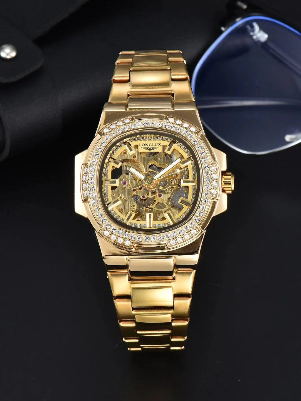 Montre automatique homme LONGLUX – Acier inoxydable, mécanique squelette, étanche, style luxe