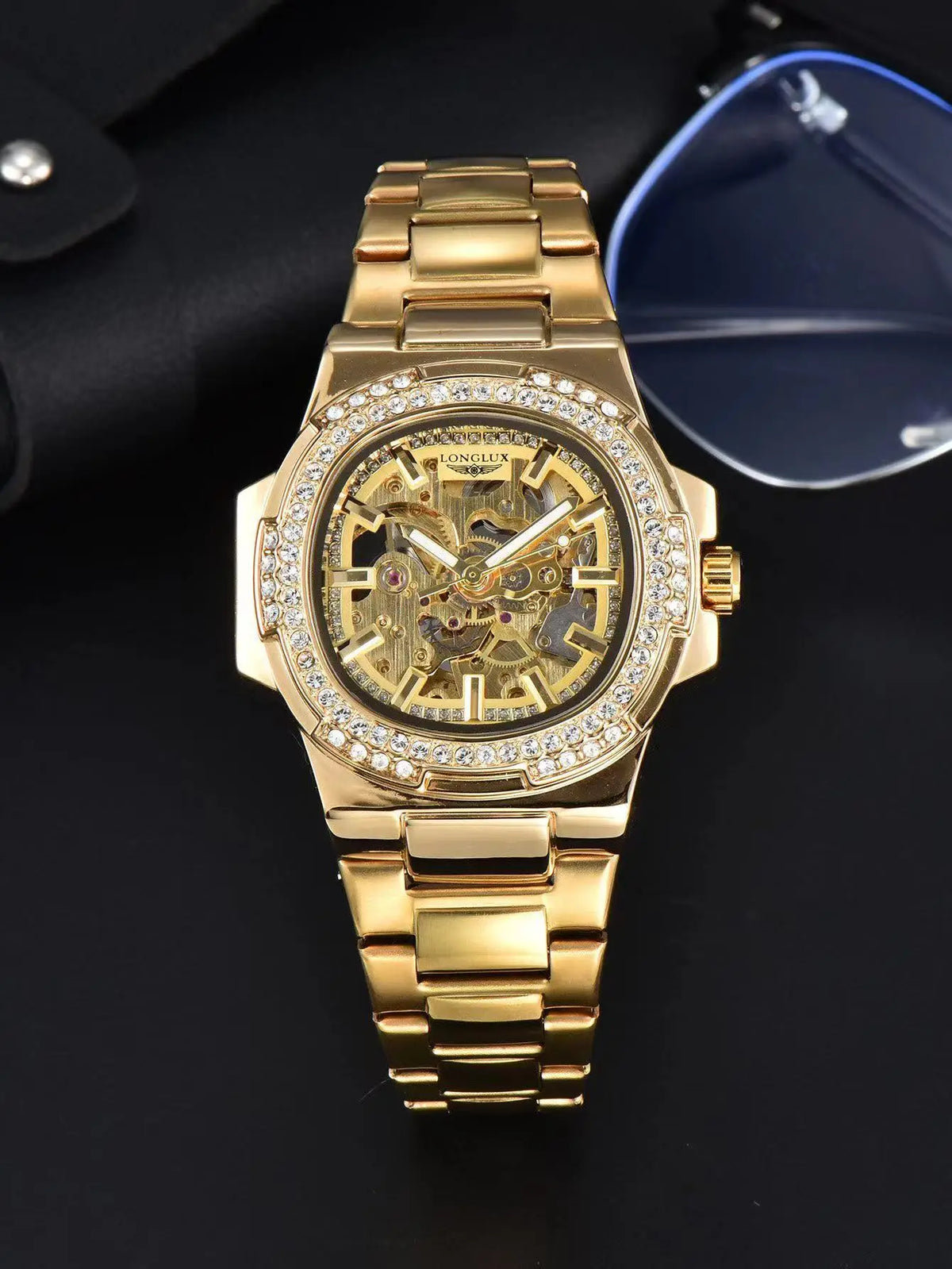Montre automatique homme LONGLUX – Acier inoxydable, mécanique squelette, étanche, style luxe