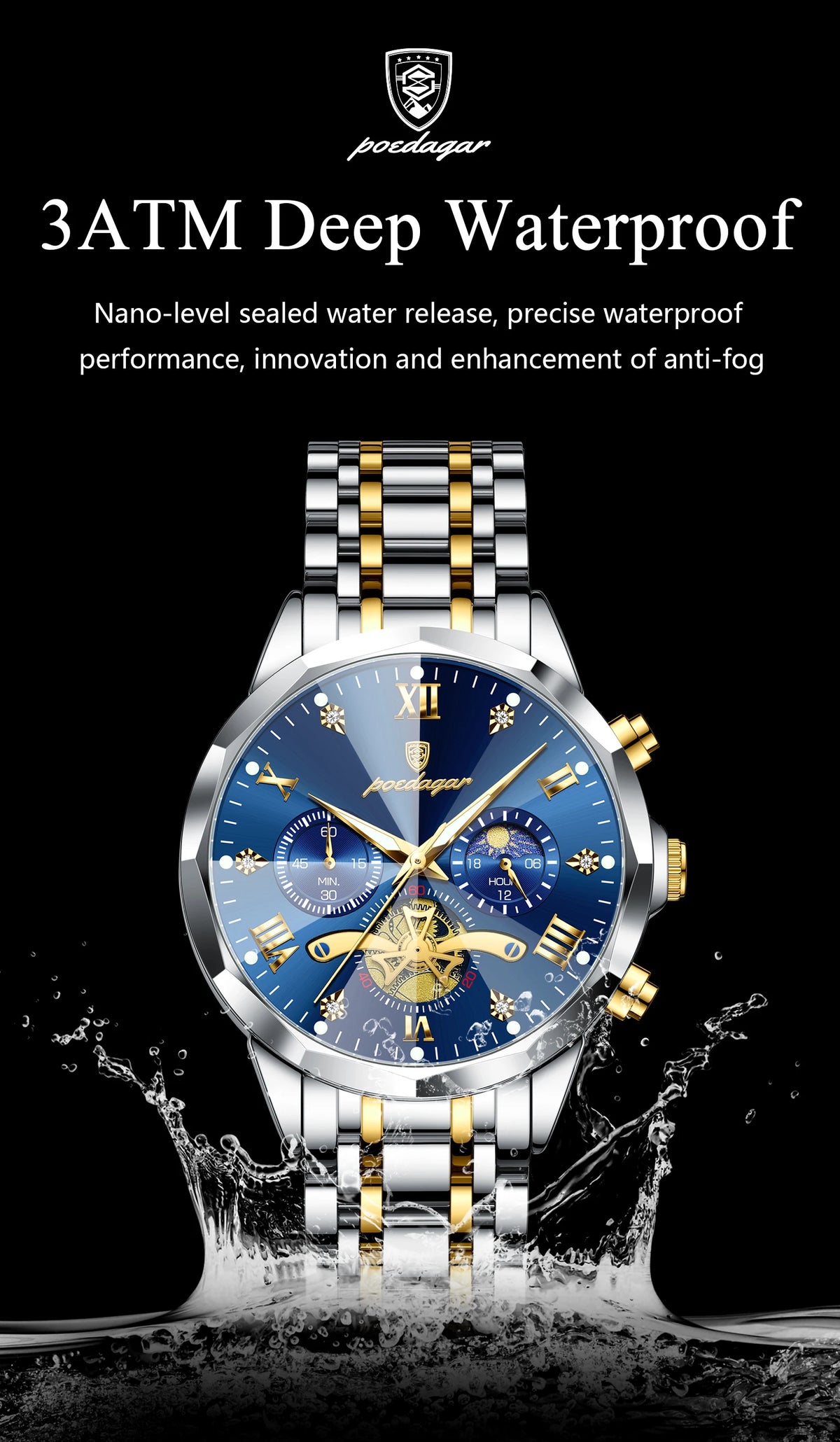 Montre Homme POEDAGAR 938 – Chronographe Quartz, Acier Inoxydable, Étanche 3 ATM