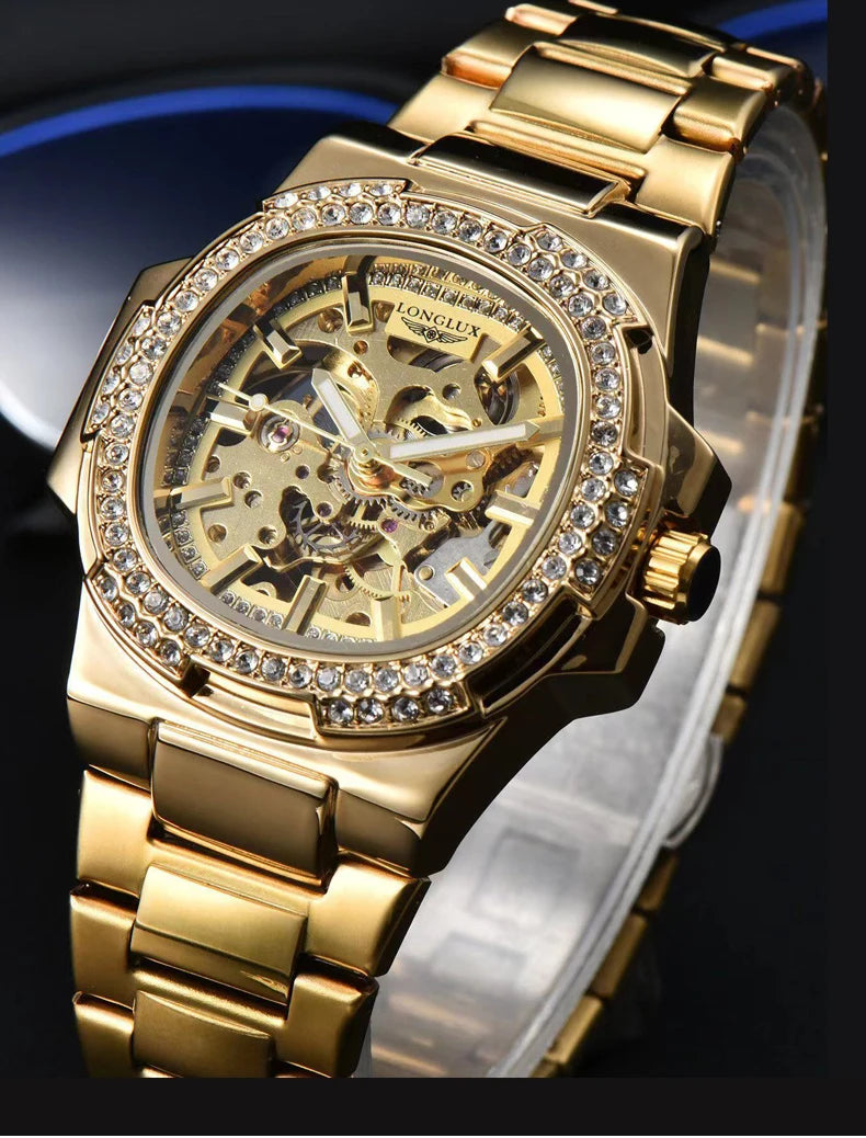 Montre automatique homme LONGLUX – Acier inoxydable, mécanique squelette, étanche, style luxe