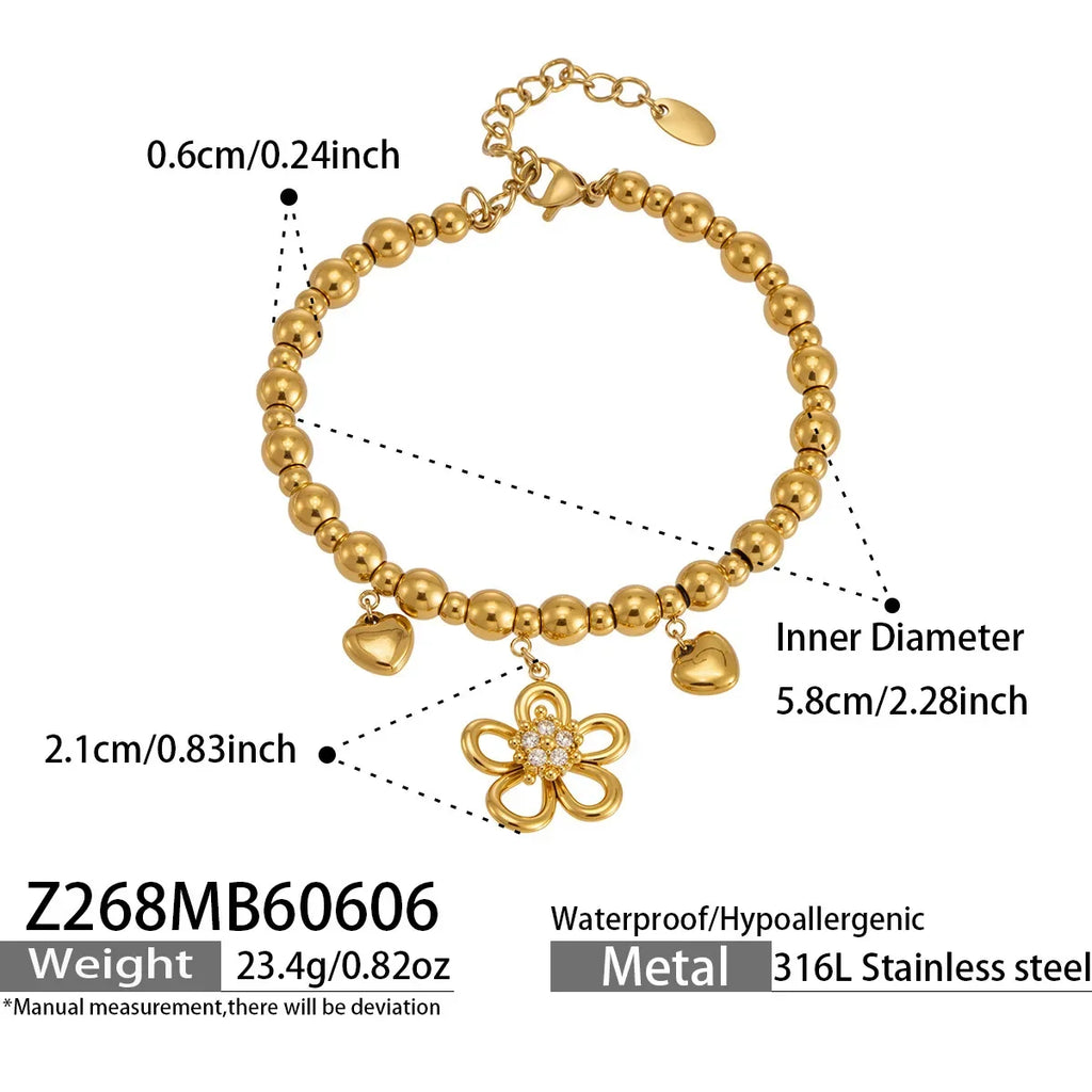 Bracelet Femme 18K Doré – Fleurs, Cœur & Zircon