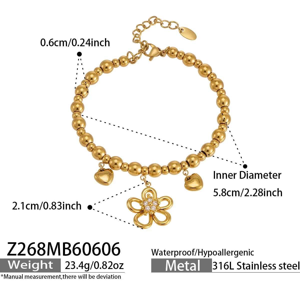 Bracelet Femme 18K Doré – Fleurs, Cœur & Zircon