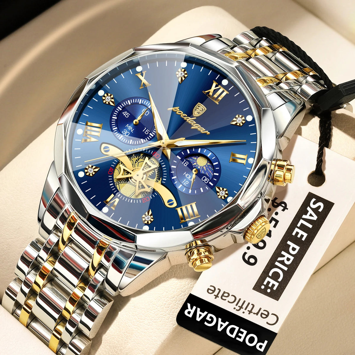 Montre Homme POEDAGAR 938 – Chronographe Quartz, Acier Inoxydable, Étanche 3 ATM