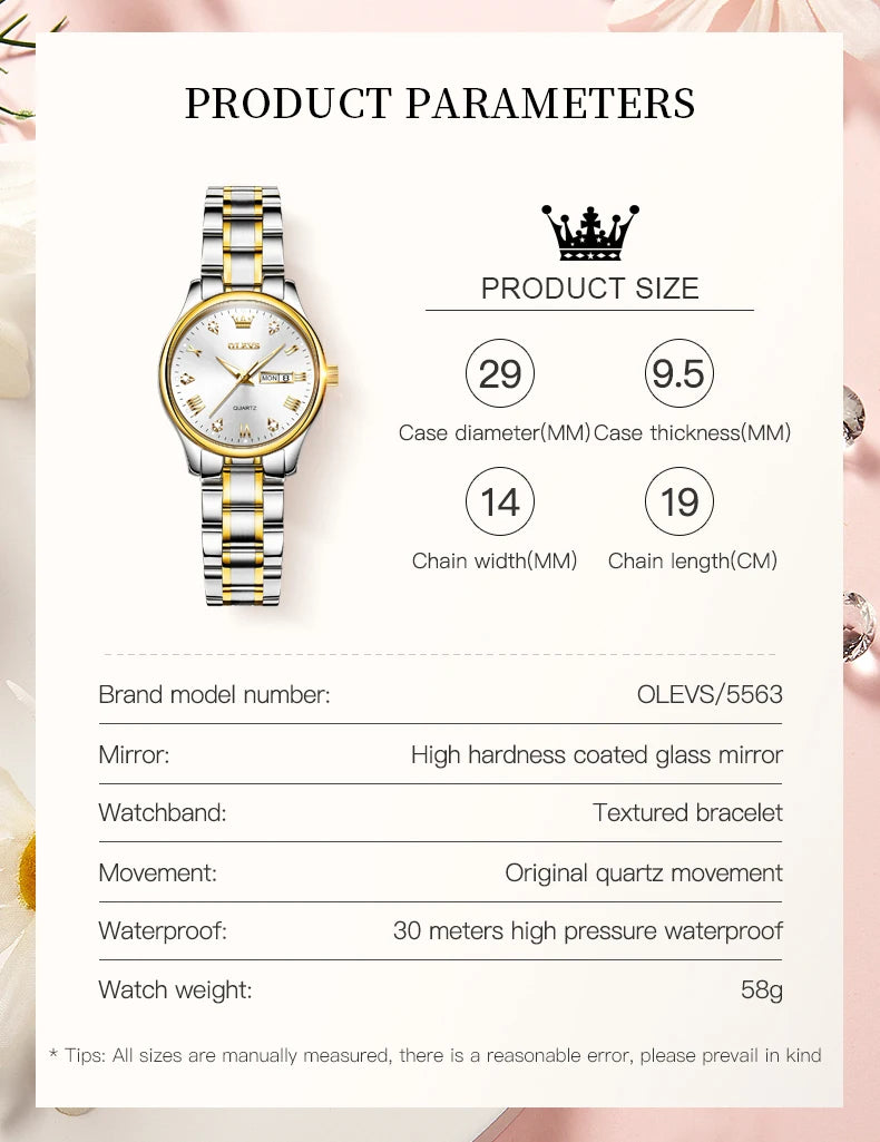Montre Femme OLEVS 5563 – Élégante, Étanche, Quartz et Acier Inoxydable