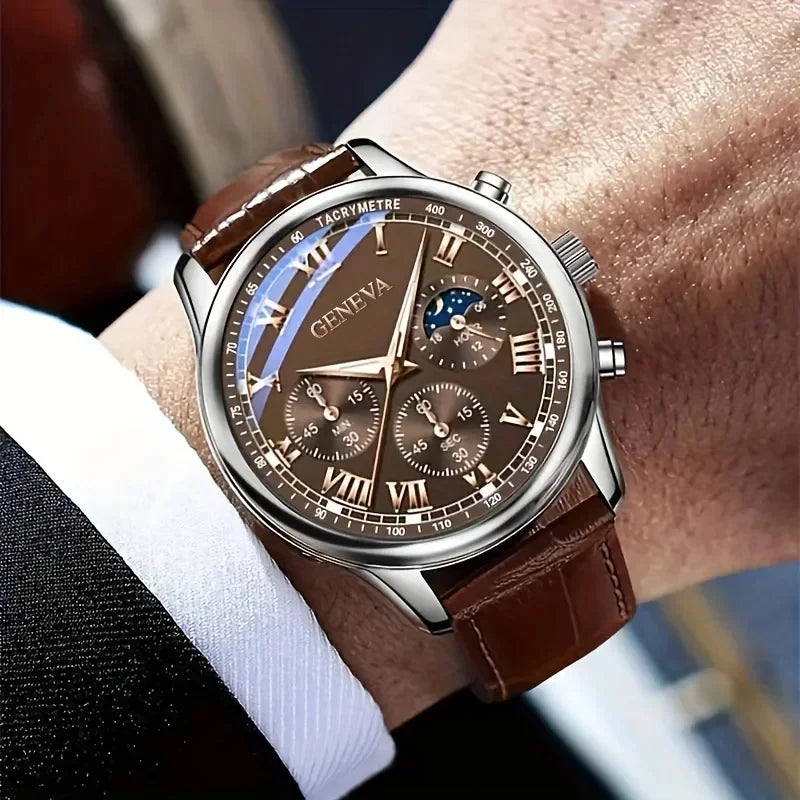 Montre Homme Élégante à Cadran Romain avec Bracelet en Cuir