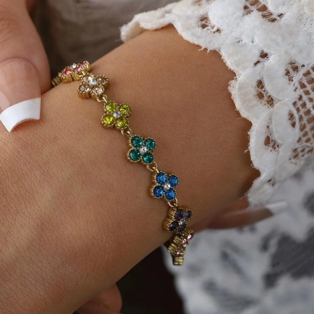 Bracelet Fleurs Colorées en Zircon – Acier Inoxydable 316L, Plaqué Or 18K