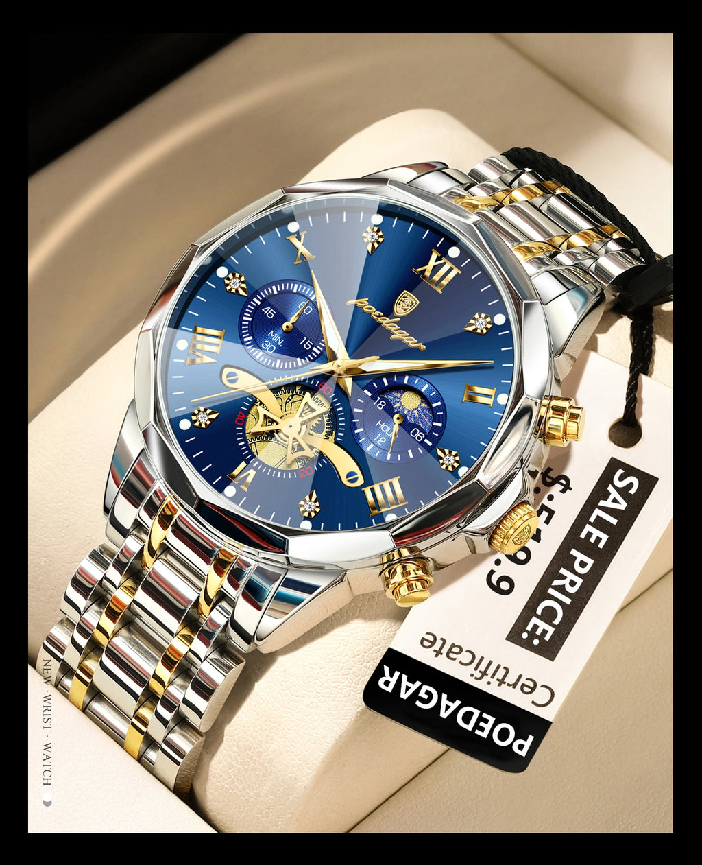 Montre Homme POEDAGAR 938 – Chronographe Quartz, Acier Inoxydable, Étanche 3 ATM