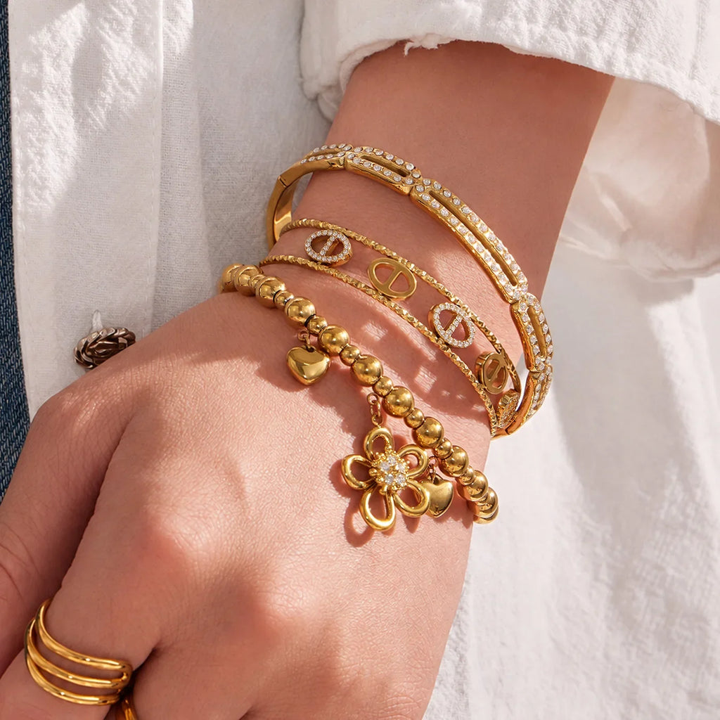 Bracelet Femme 18K Doré – Fleurs, Cœur & Zircon