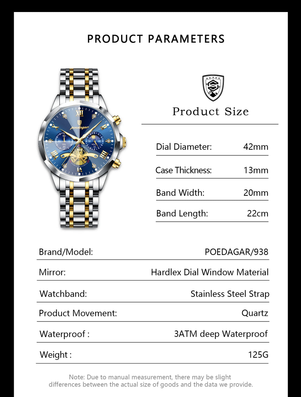 Montre Homme POEDAGAR 938 – Chronographe Quartz, Acier Inoxydable, Étanche 3 ATM