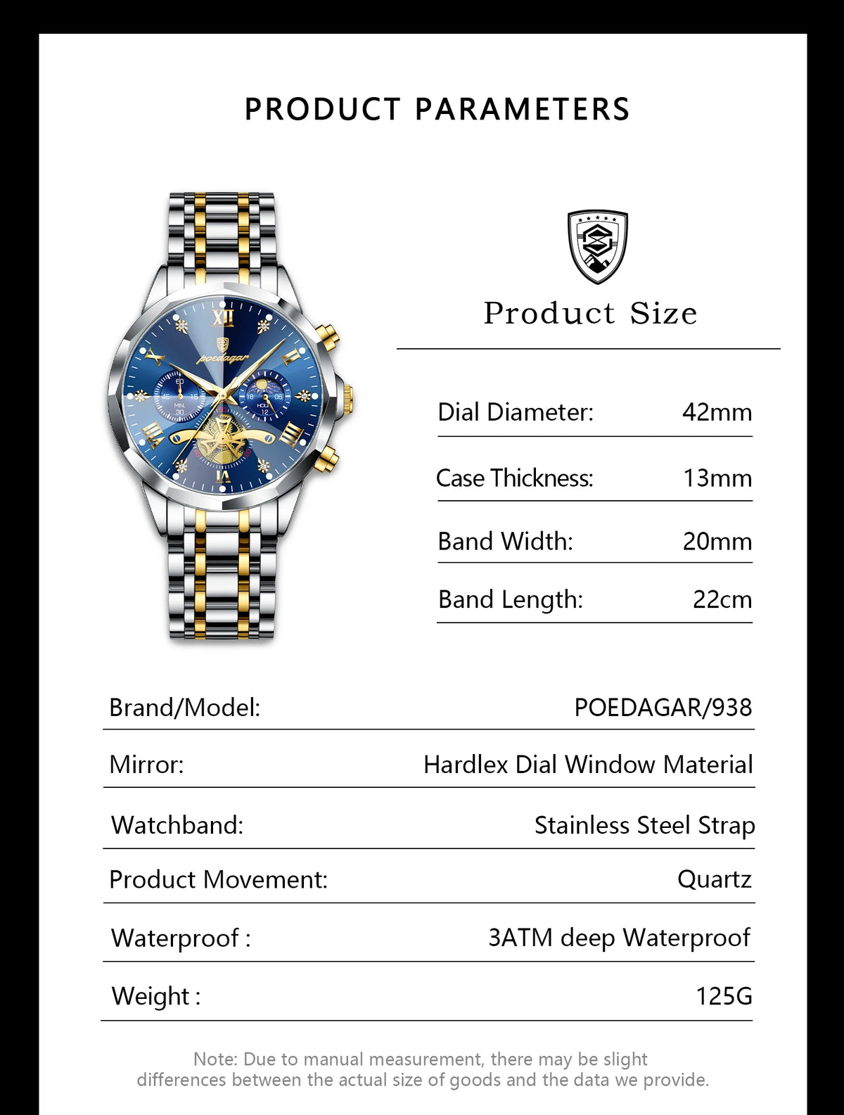 Montre Homme POEDAGAR 938 – Chronographe Quartz, Acier Inoxydable, Étanche 3 ATM