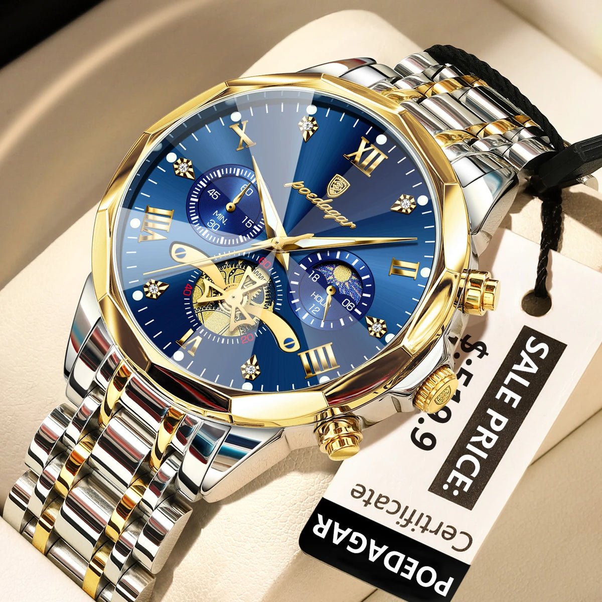 Montre Homme POEDAGAR 938 – Chronographe Quartz, Acier Inoxydable, Étanche 3 ATM
