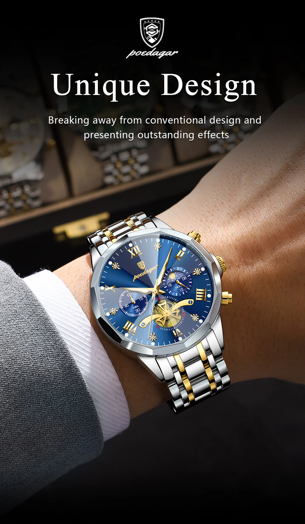 Montre Homme POEDAGAR 938 – Chronographe Quartz, Acier Inoxydable, Étanche 3 ATM