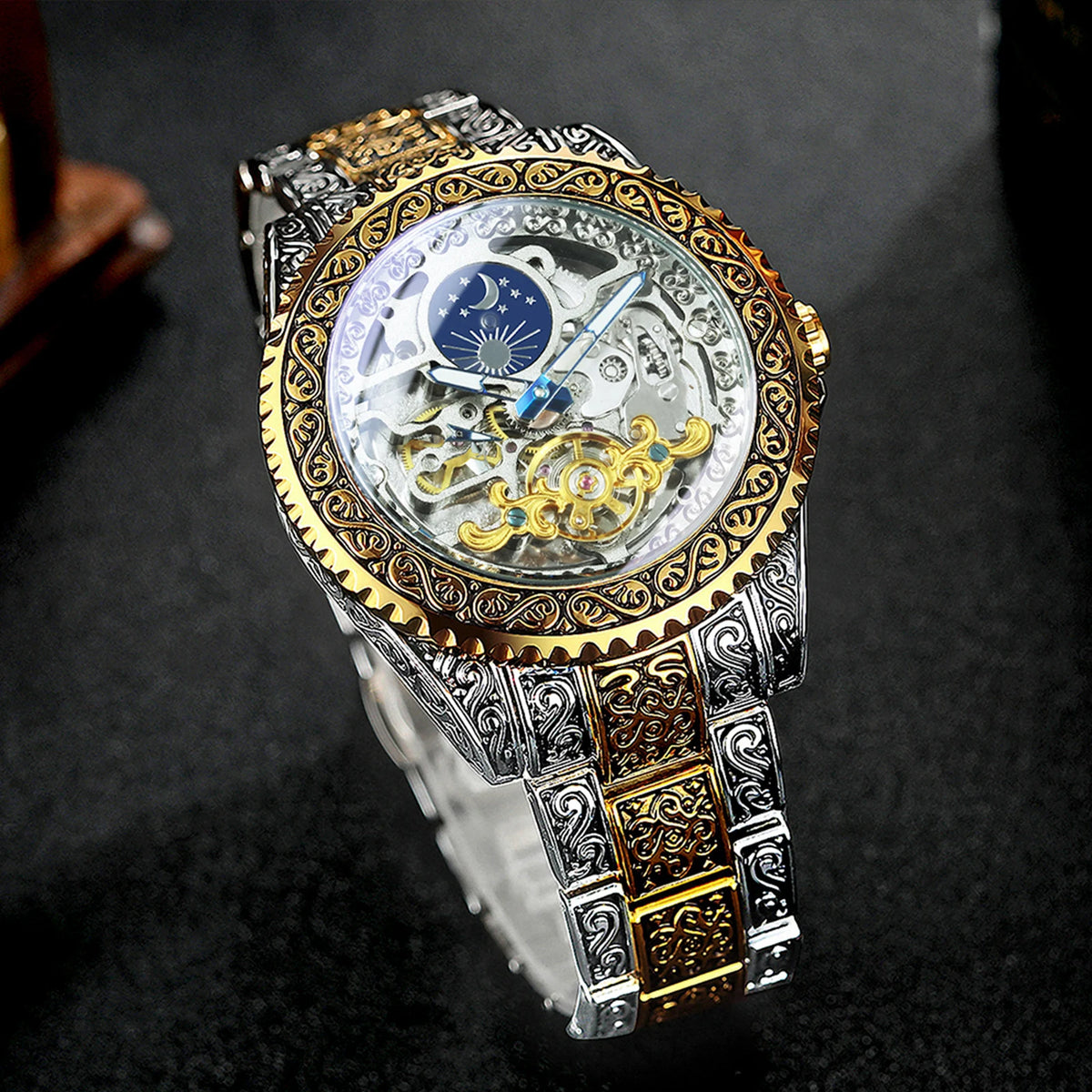 Montre Mécanique Homme FORSINING – Squelette Luxe Or, Phase de Lune