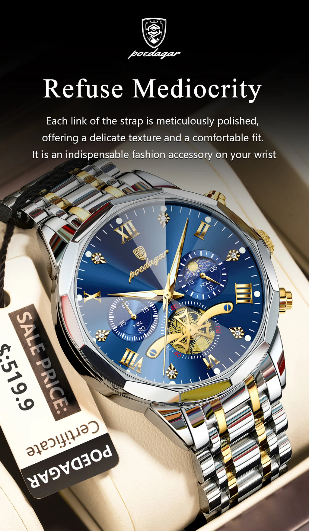 Montre Homme POEDAGAR 938 – Chronographe Quartz, Acier Inoxydable, Étanche 3 ATM