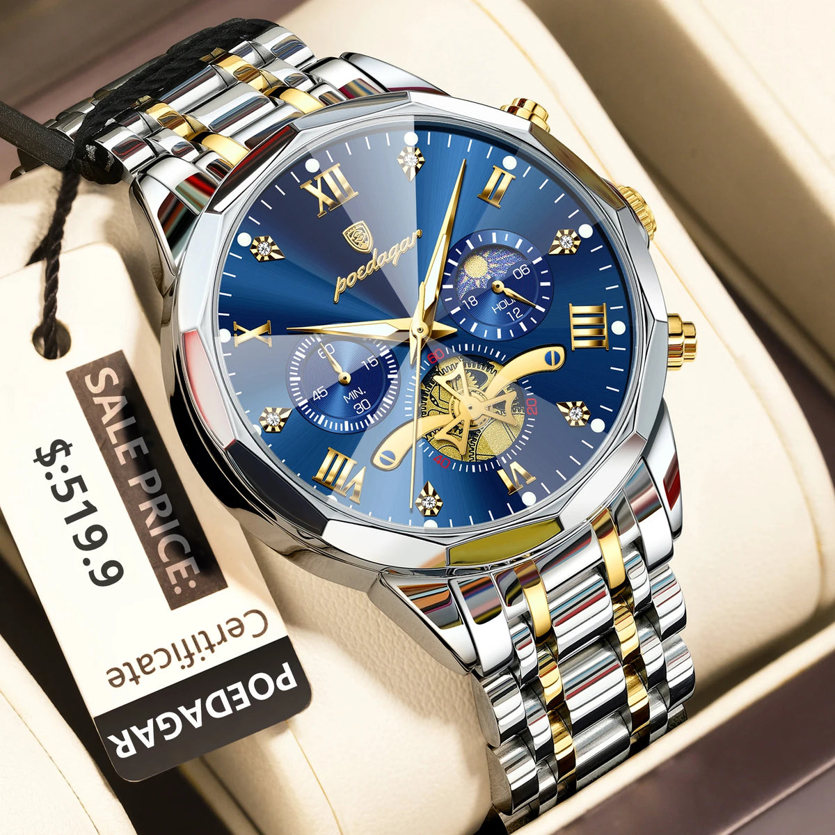 Montre Homme POEDAGAR 938 – Chronographe Quartz, Acier Inoxydable, Étanche 3 ATM