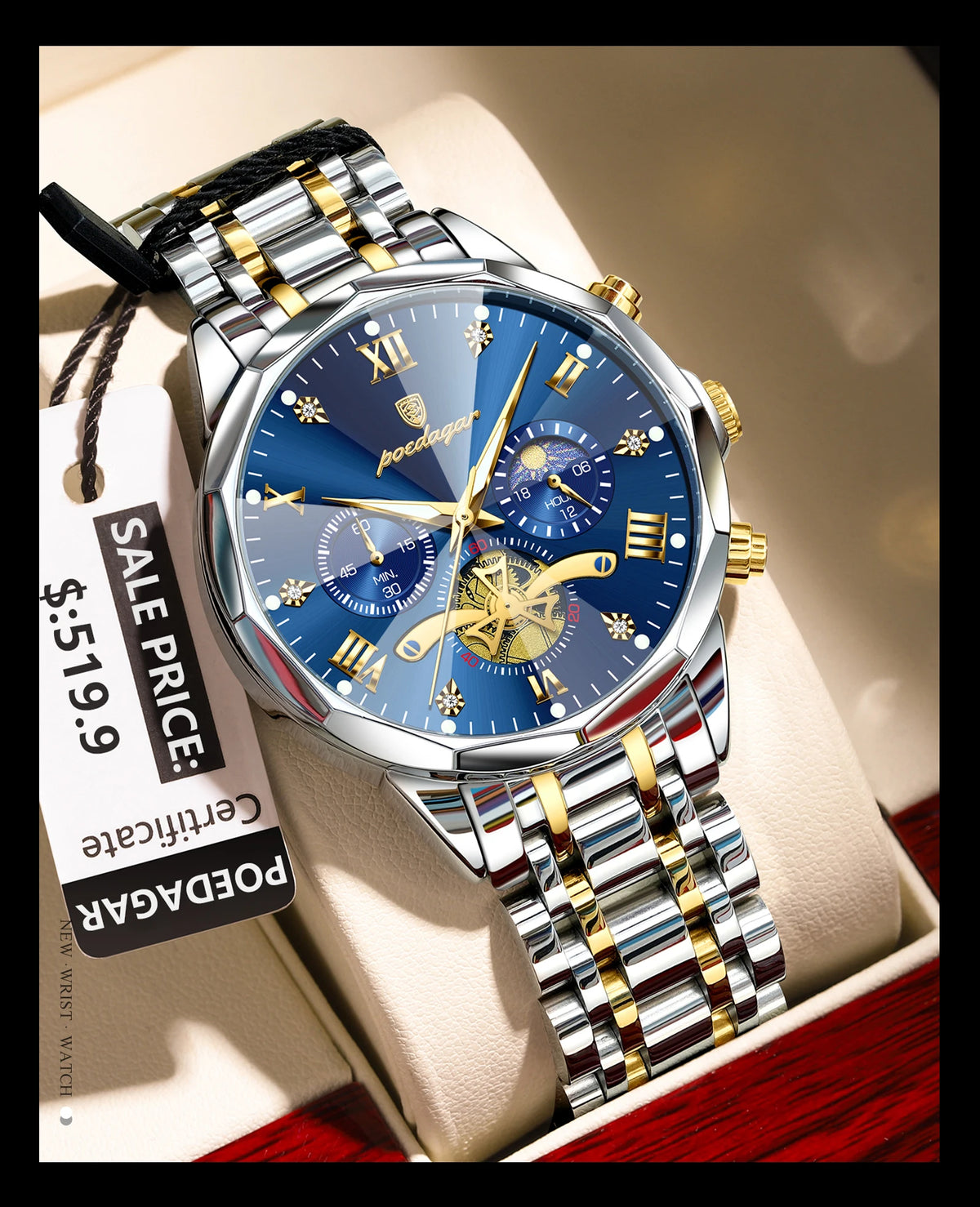 Montre Homme POEDAGAR 938 – Chronographe Quartz, Acier Inoxydable, Étanche 3 ATM
