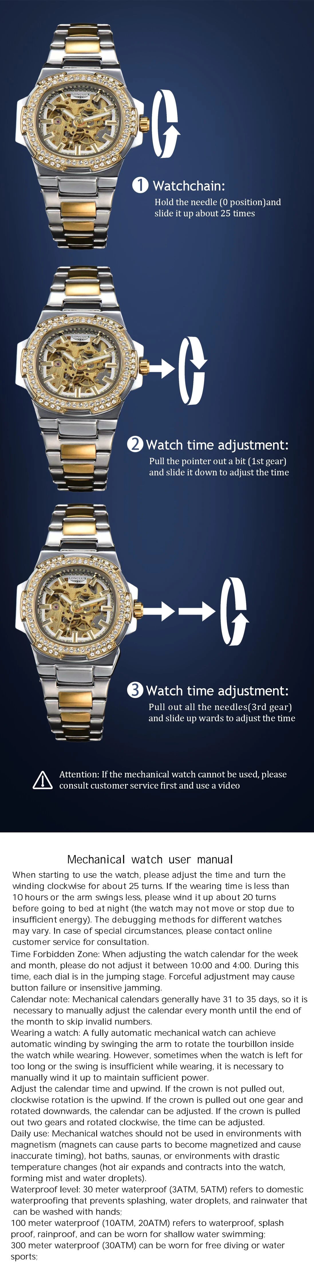 Montre automatique homme LONGLUX – Acier inoxydable, mécanique squelette, étanche, style luxe