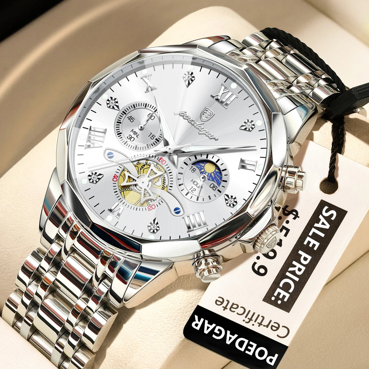 Montre Homme POEDAGAR 938 – Chronographe Quartz, Acier Inoxydable, Étanche 3 ATM