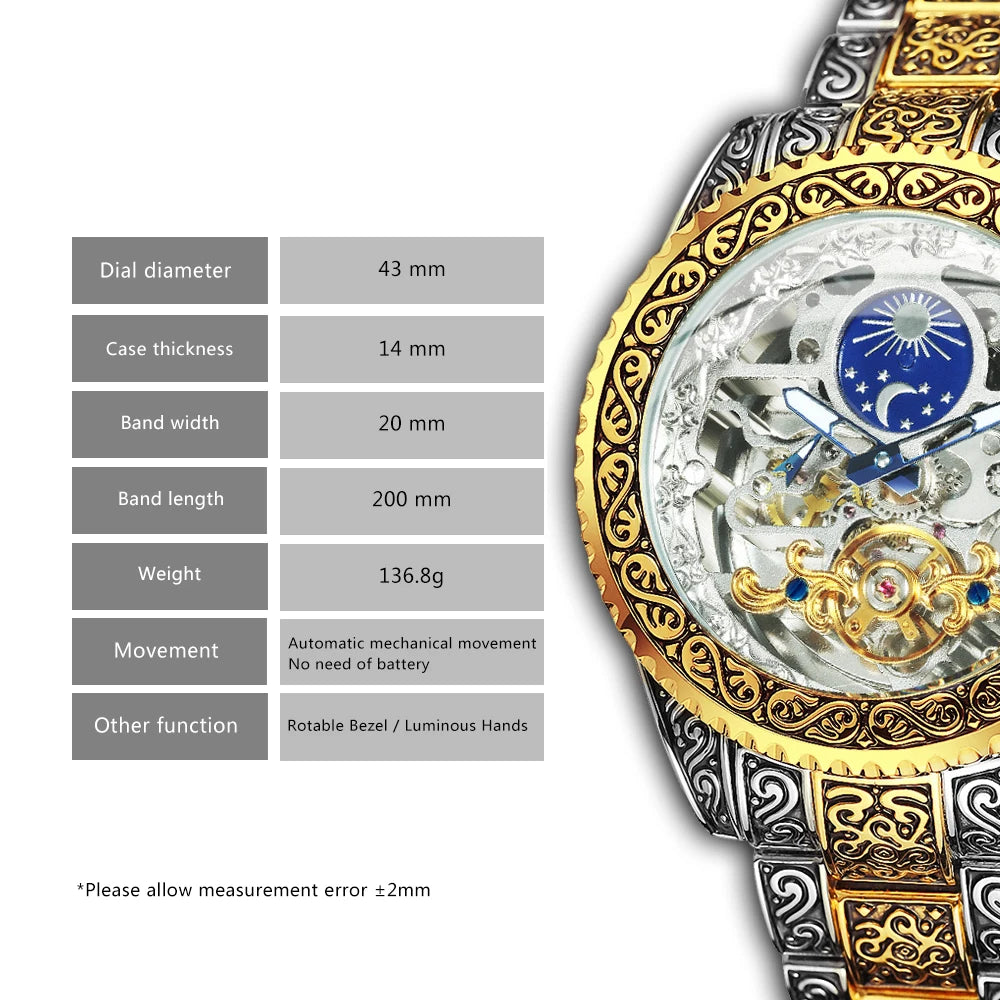 Montre Mécanique Homme FORSINING – Squelette Luxe Or, Phase de Lune