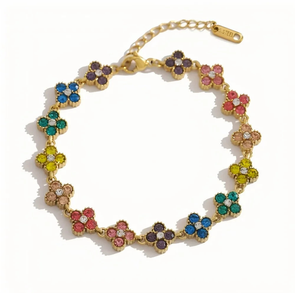 Bracelet Fleurs Colorées en Zircon – Acier Inoxydable 316L, Plaqué Or 18K