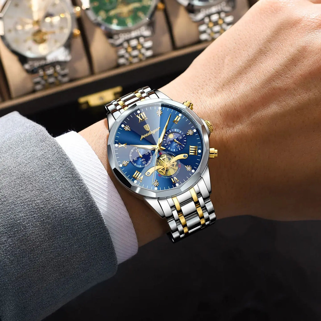 Montre Homme POEDAGAR 938 – Chronographe Quartz, Acier Inoxydable, Étanche 3 ATM