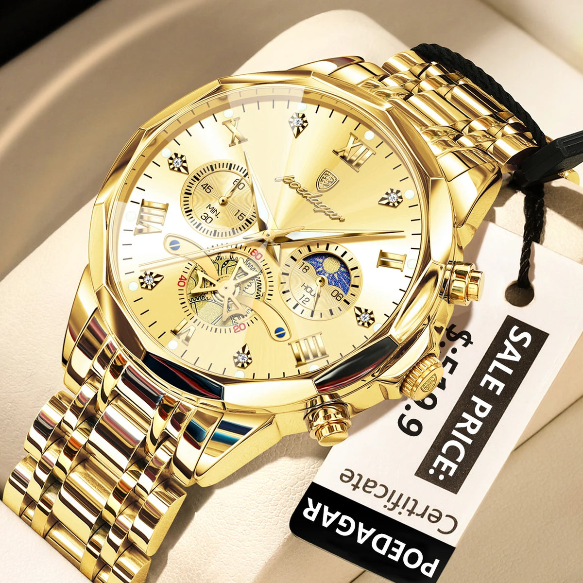 Montre Homme POEDAGAR 938 – Chronographe Quartz, Acier Inoxydable, Étanche 3 ATM