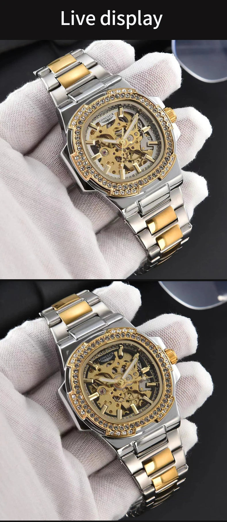 Montre automatique homme LONGLUX – Acier inoxydable, mécanique squelette, étanche, style luxe