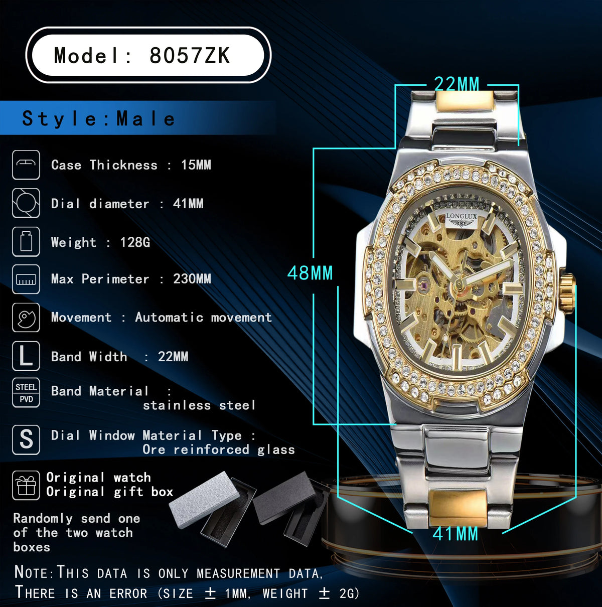 Montre automatique homme LONGLUX – Acier inoxydable, mécanique squelette, étanche, style luxe